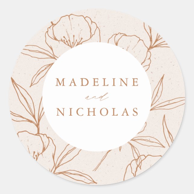 Modern Botanical Floral Cream & Terracotta Wedding Classic Round Sticker (Front)