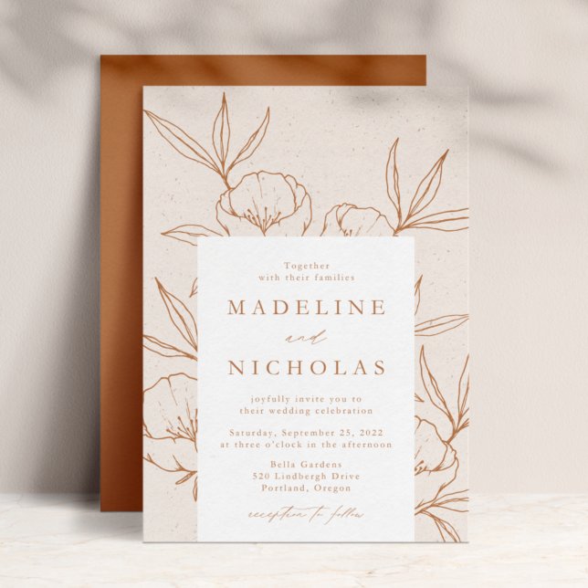 Modern Botanical Floral Cream & Terracotta Wedding Invitation (Creator Uploaded)