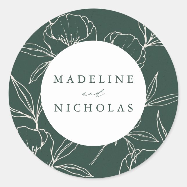 Modern Botanical Floral Dark Green & Cream Wedding Classic Round Sticker (Front)