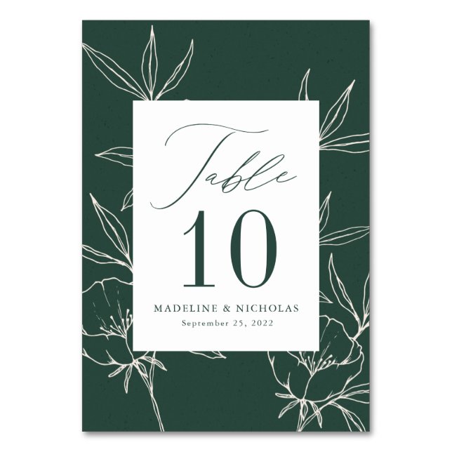 Modern Botanical Floral Dark Green & Cream Wedding Table Number (Front)