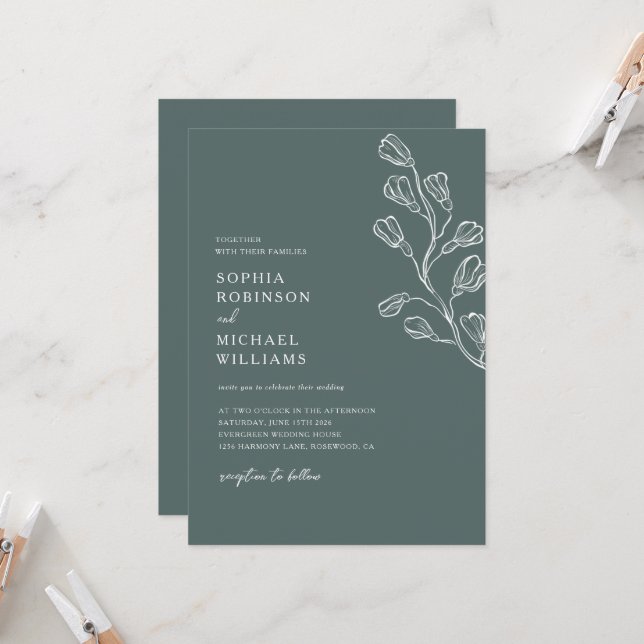 Modern Botanical Floral Dark Green & White Wedding Invitation (Front/Back In Situ)