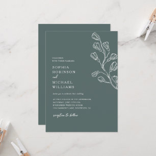 Modern Botanical Floral Dark Green & White Wedding Invitation