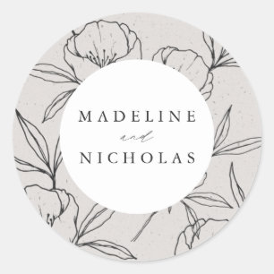 Modern Botanical Floral Grey & Black Wedding Classic Round Sticker