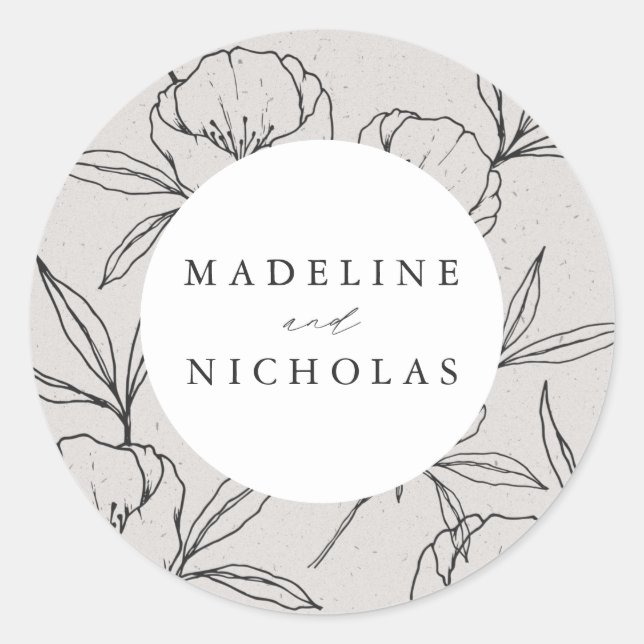 Modern Botanical Floral Grey & Black Wedding Classic Round Sticker (Front)