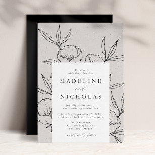 Modern Botanical Floral Grey & Black Wedding Invitation