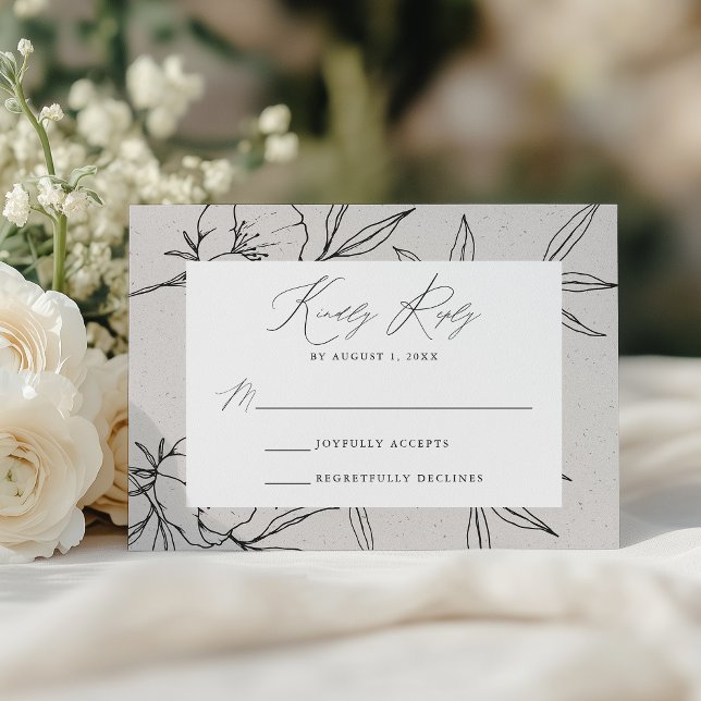 Modern Botanical Floral Grey & Black Wedding RSVP Card (Creator Uploaded)