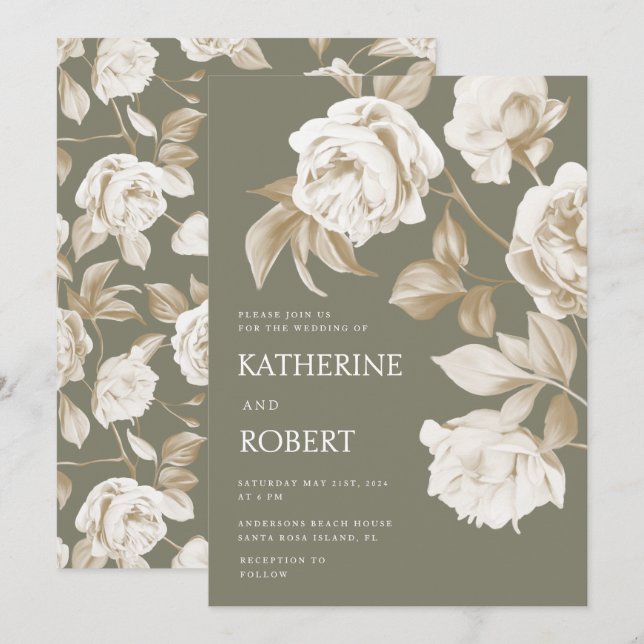 Modern Botanical Floral Roses Wedding Invitation (Front/Back)