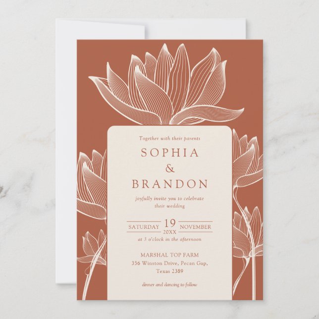 Modern Botanical Floral Terracotta Wedding Invitation (Front)