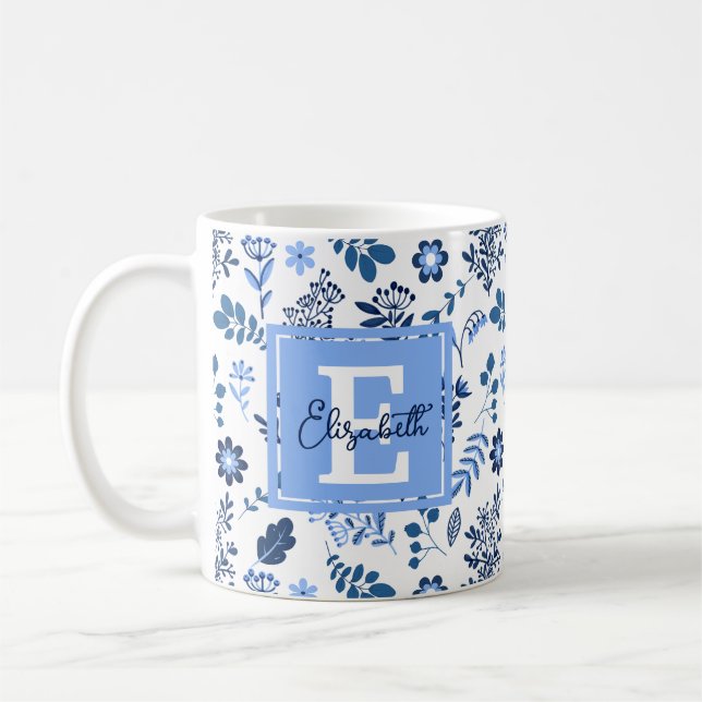 Modern Botanical Folk Art Blue White Monogram Name Coffee Mug (Left)