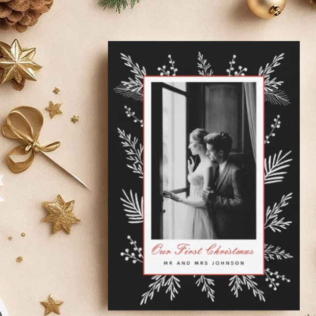 Modern botanical frame Christmas photo Newly wed  Holiday Card (Creator Uploaded)
