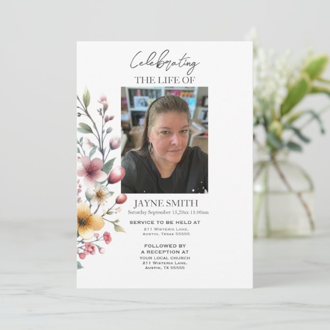 Modern botanical funeral memorial service e-vite invitation (Standing Front)