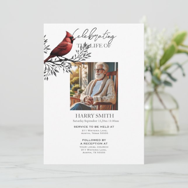 Modern botanical funeral memorial service e-vite invitation (Standing Front)