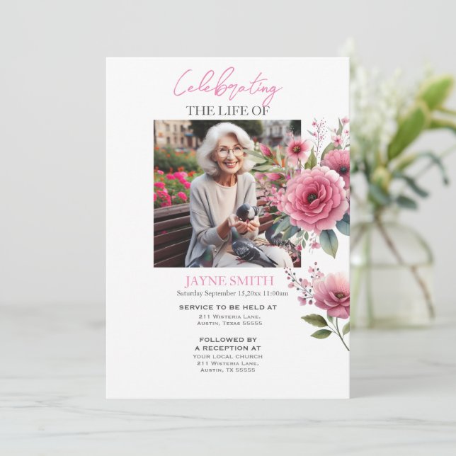 Modern botanical funeral memorial service e-vite invitation (Standing Front)