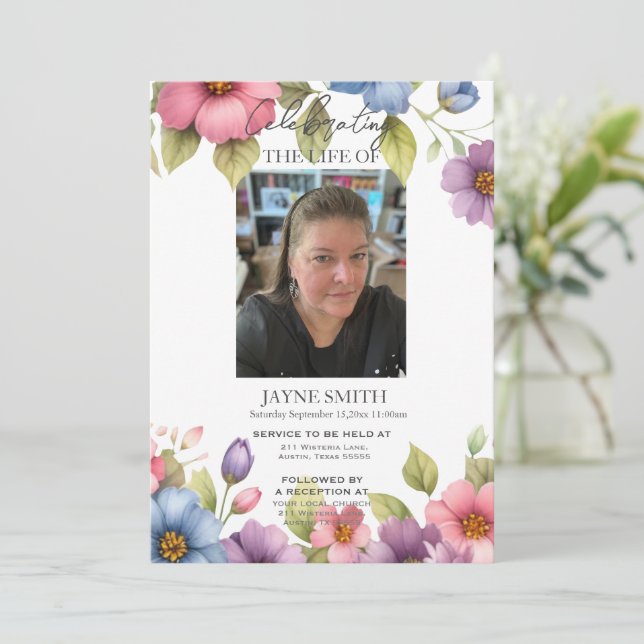 Modern botanical funeral memorial service e-vite invitation (Standing Front)