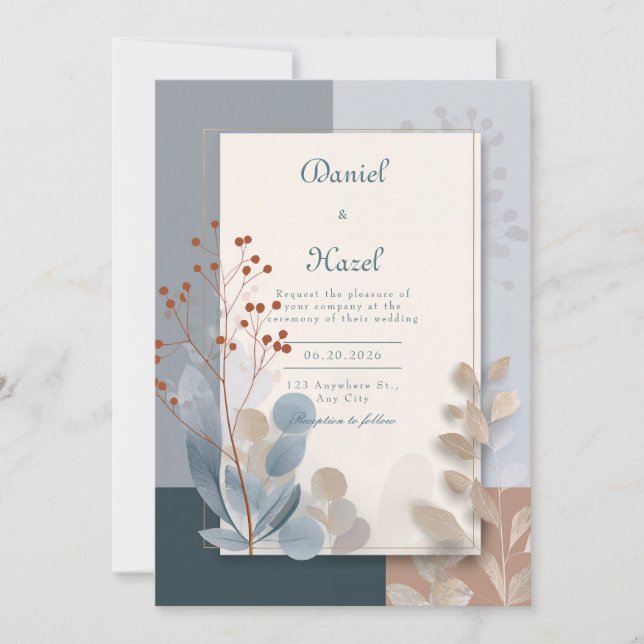 Modern Botanical Geometric Terracotta Blue Wedding Invitation (Front)