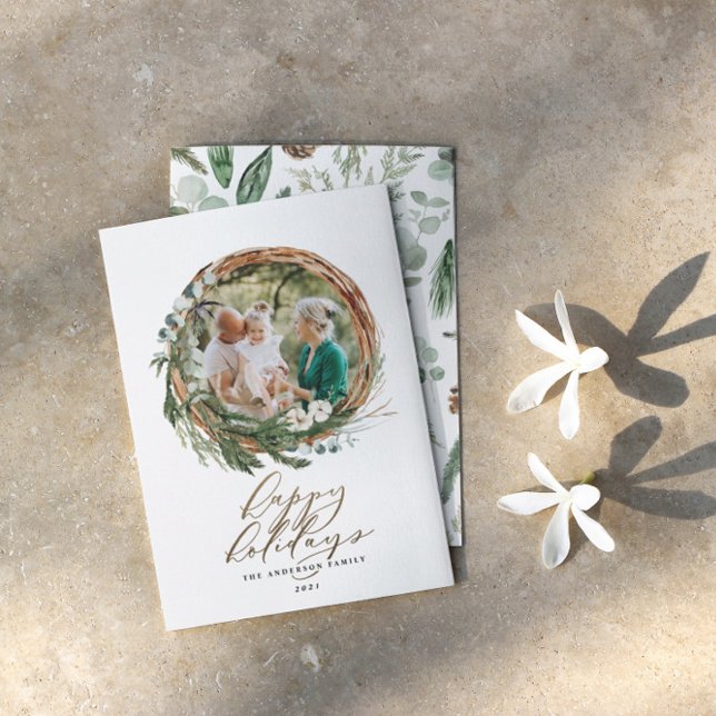 Modern botanical gold script 1 photo Christmas Holiday Card (Creator Uploaded)