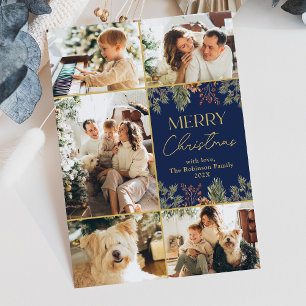 Modern Botanical Gold Script Blue Photo Christmas  Holiday Card