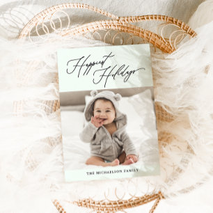 Modern Botanical Green Happiest Holidays Photo Holiday Card