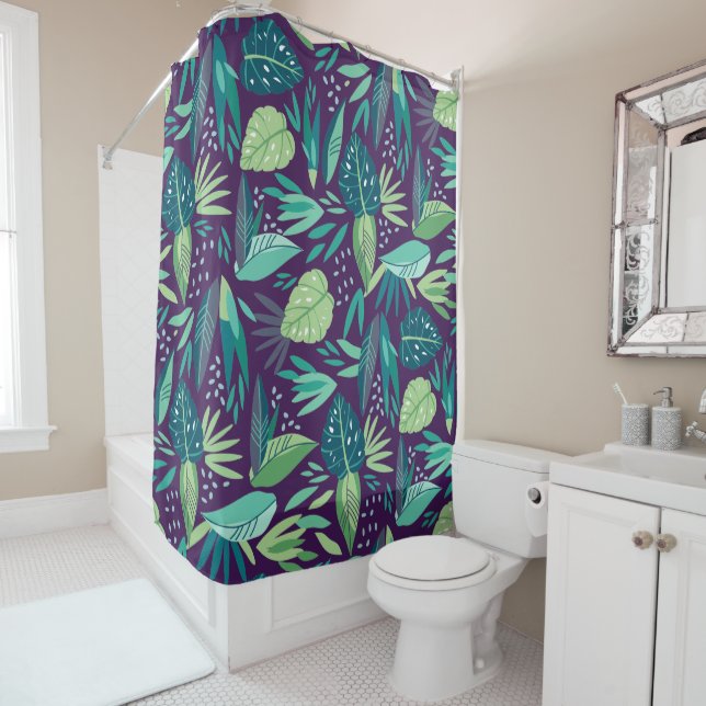 Modern Botanical Green Leafs Seamless Pattern Shower Curtain (In Situ)