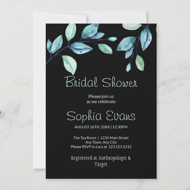 Modern Botanical Green Leaves Black Bridal Shower Invitation (Front)