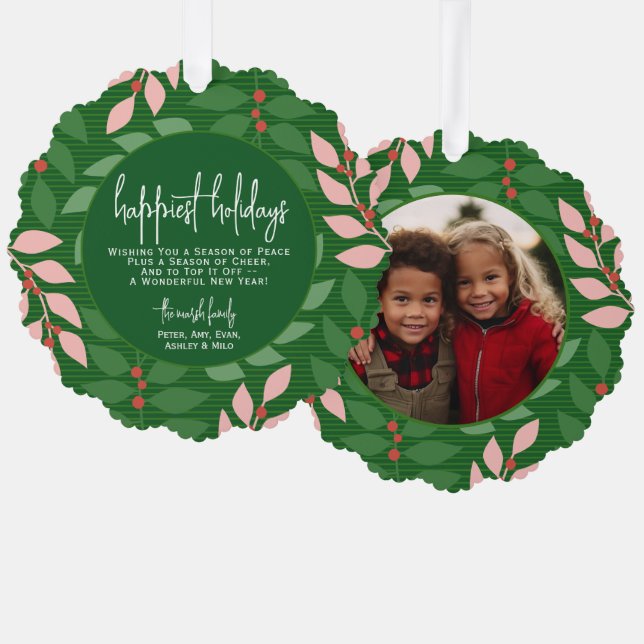 Modern botanical green - Photo - Happiest Holiday Tree Decoration Card (Front/Back)