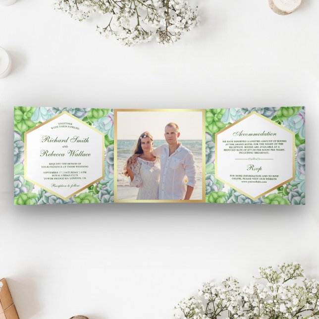 Modern Botanical Green Succulent Photo Wedding Tri-Fold Invitation (Creator Uploaded)