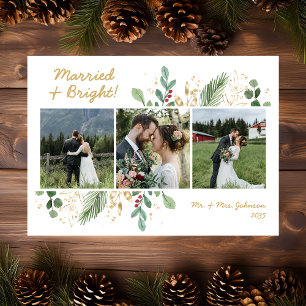 Modern Botanical Greenery 3 Photo Married & Bright Holiday Card