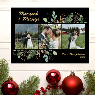 Modern Botanical Greenery 3 Photo Married & Merry Holiday Card