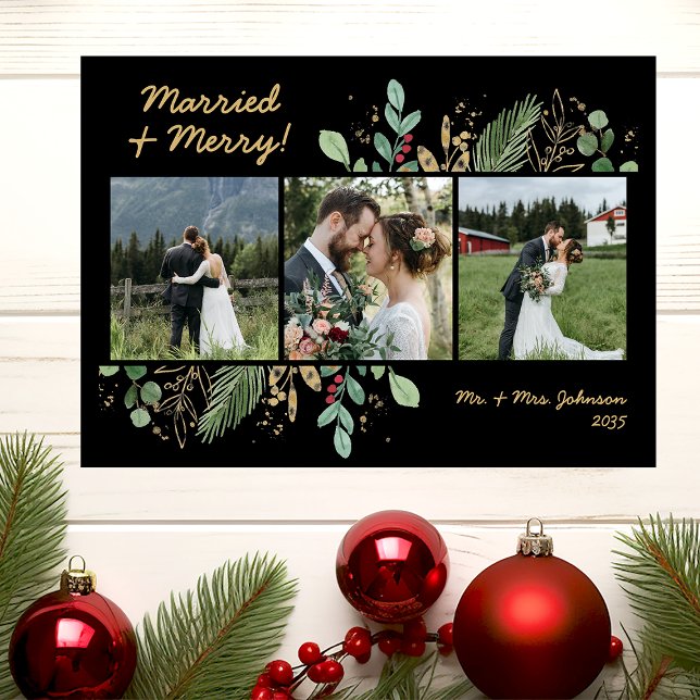 Modern Botanical Greenery 3 Photo Married & Merry Holiday Card (Creator Uploaded)