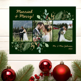 Modern Botanical Greenery 3 Photo Married & Merry Holiday Card