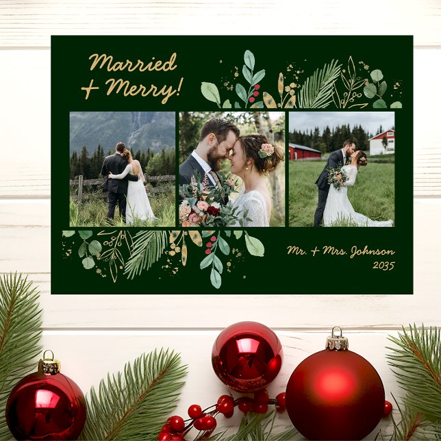 Modern Botanical Greenery 3 Photo Married & Merry Holiday Card (Creator Uploaded)