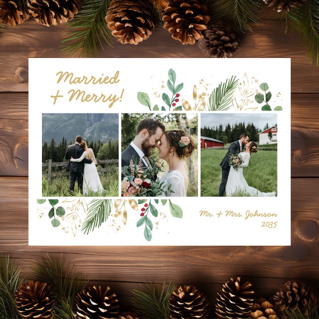 Modern Botanical Greenery 3 Photo Married & Merry Holiday Card (Creator Uploaded)