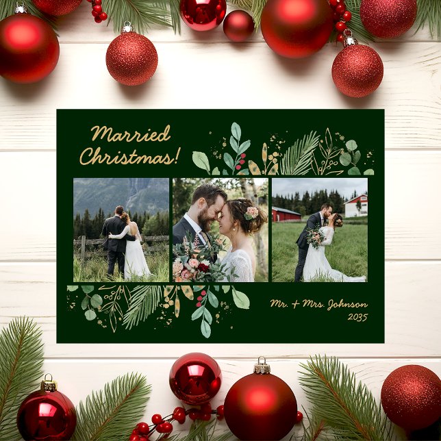 Modern Botanical Greenery 3 Photo Wedding Holiday Card (Creator Uploaded)