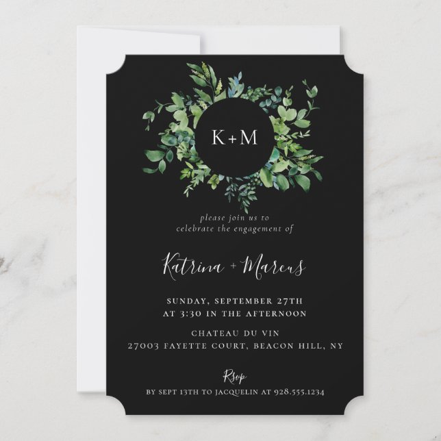 Modern Botanical Greenery Black Engagement Party Invitation (Front)