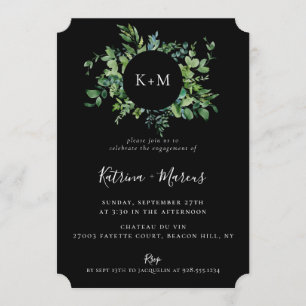 Modern Botanical Greenery Black Engagement Party Invitation