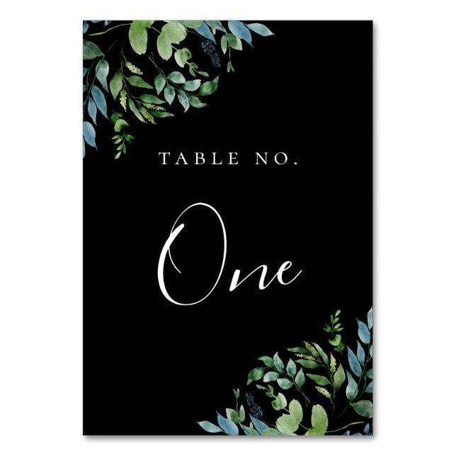 Modern Botanical Greenery Black Table Number (Front)