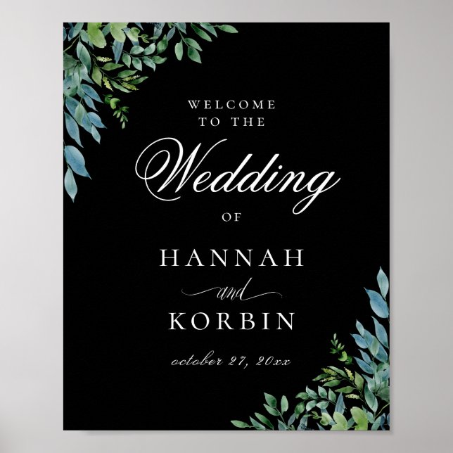 Modern Botanical Greenery Black Wedding Welcome Poster (Front)