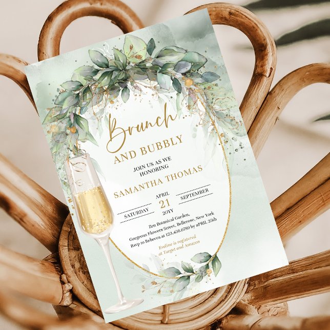Modern botanical greenery & gold Brunch and bubbly Invitation (Rustic watercolor eucalyptus greenery gold brunch and bubbly invitation digital)