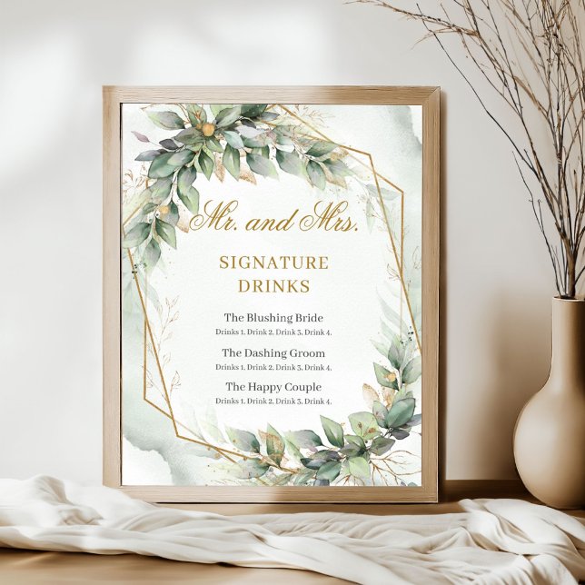 Modern botanical greenery gold signature drinks poster (Modern botanical greenery leaf gold frame Mr. and Mrs. signature drinks sign)