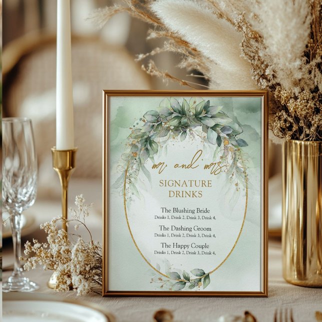 Modern botanical greenery gold signature drinks poster (Modern botanical greenery gold signature drinks poster)