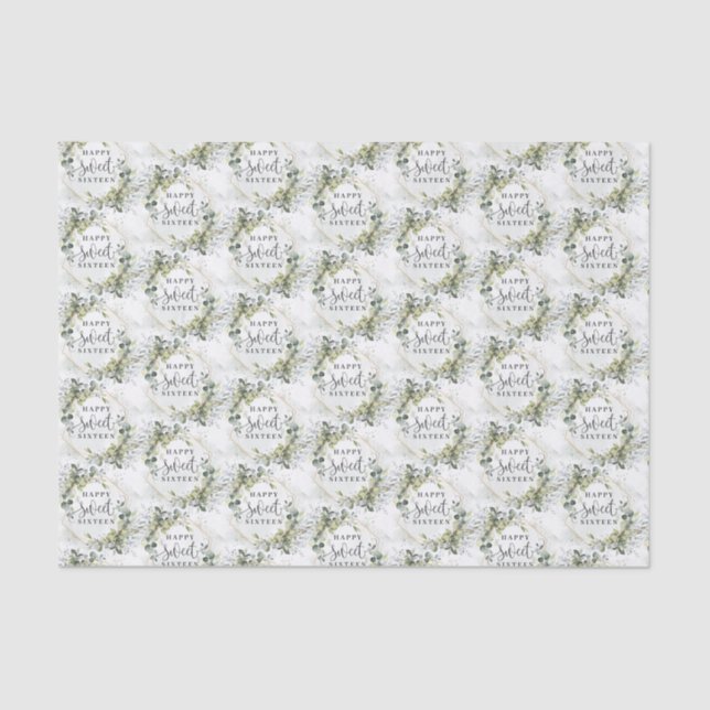 Modern botanical greenery leaf gold 16th birthday tissue paper (Front)