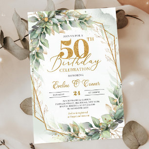 Modern botanical greenery leaf gold 50th birthday invitation