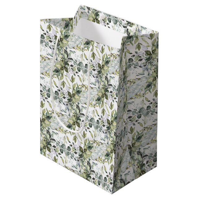 Modern botanical greenery leaf gold frame medium gift bag (Front Angled)