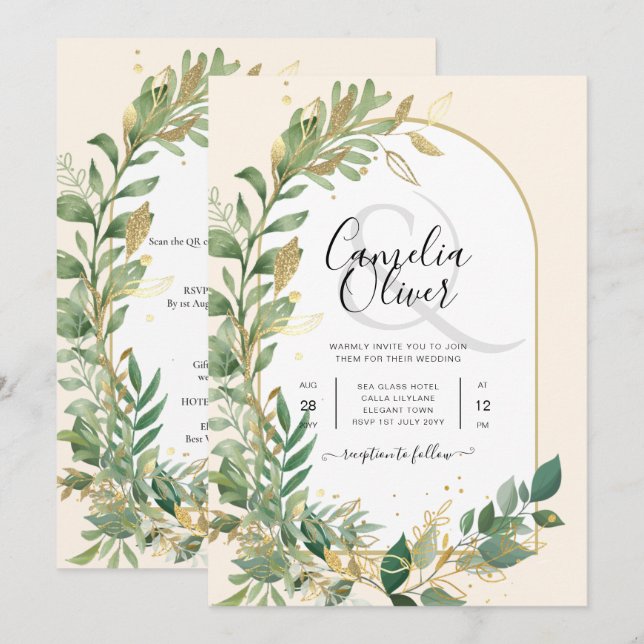 Modern Botanical Greenery Leaf Gold Wedding Invite (Front/Back)