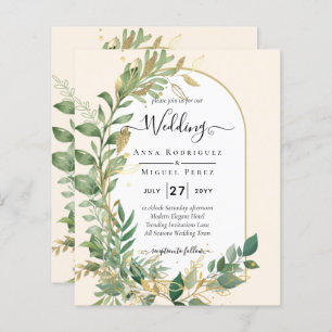 Modern Botanical Greenery Leaf Gold Wedding Invite