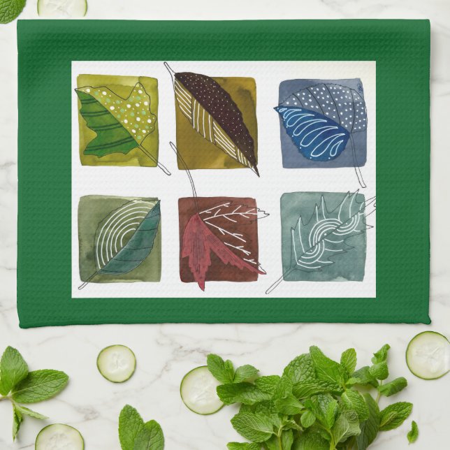 Modern Botanical Greenery Leaf Pattern Tea Towel (Folded)