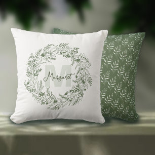 Modern Botanical Greenery Monogram M Cushion