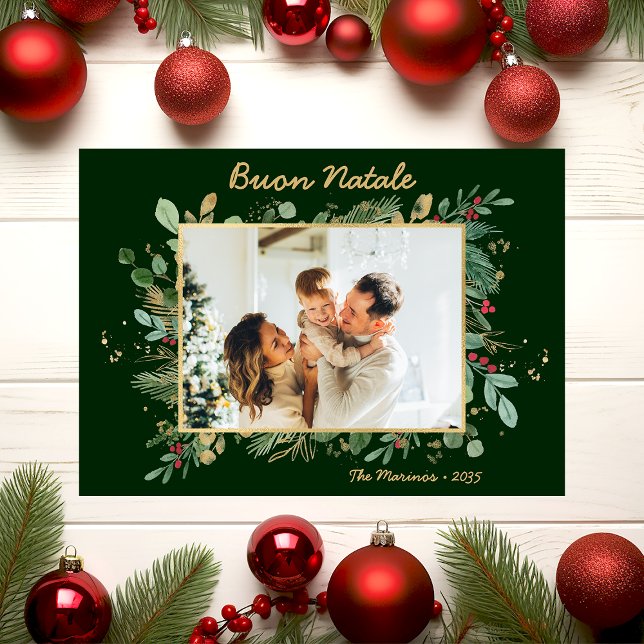 Modern Botanical Greenery Photo Buon Natale Holiday Card (Creator Uploaded)