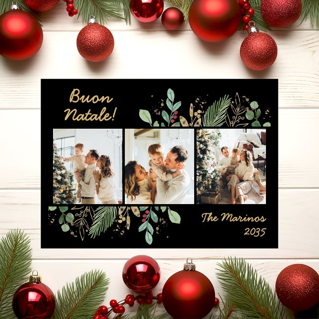 Modern Botanical Greenery Photo Buon Natale Holiday Card (Creator Uploaded)