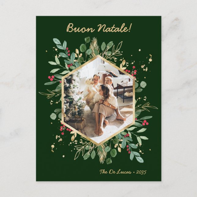 Modern Botanical Greenery Photo Buon Natale Holiday Postcard (Front)
